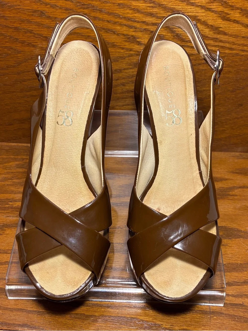 Boutique 58 Retro Slingback Platform Block Heels Brown Patent Size 8